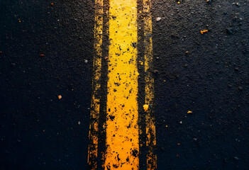 image features close up view of yellow road line on dark asphalt surface, showcasing natural textures and debris. contrast between vibrant yellow and dark background creates striking visual