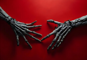 image features two skeletal hands reaching towards each other against vibrant red background, creating striking visual contrast that evokes sense of connection and tension