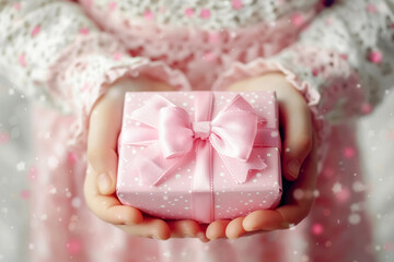 A child holds a pink gift box with a delicate bow, surrounded by a whimsical atmosphere