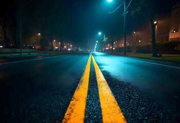 serene night scene captures deserted road with vibrant yellow lines, illuminated by soft streetlights. mist adds mysterious ambiance, inviting contemplation