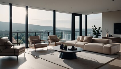 modern living room features large panoramic windows minimalist decor neutral color palette