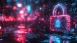 © LuvTK - A close-up of a holographic padlock symbolizing GDPR, personal data like emails and fingerprints floating in the background, glowing encryption codes securing the information, soft blue neon lighting,