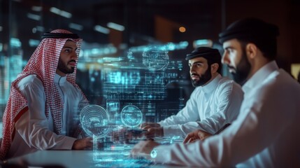 Poster - Two men in traditional attire engage in a focused discussion about advanced digital technologies in a modern urban office