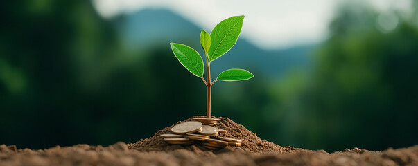 A delicate sprout emerging from coins, its leaves reaching toward the sky, symbolizing hopeful financial growth