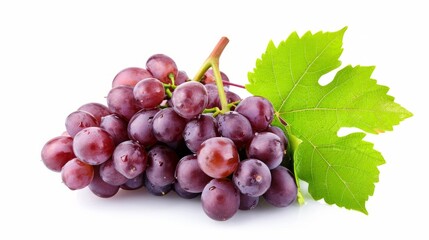 Luscious Red Grapes: A Vibrant Bunch with Verdant Leaves on a Serene White Background