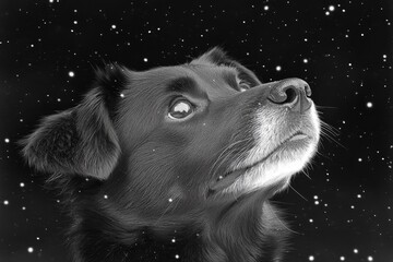 Sticker - Attentive dog gazing upward at the falling snow its expression filled with wonder and calmness as snowflakes lightly touch its face creating a tranquil winter mood