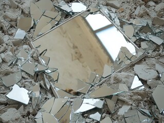 A shattered mirror surrounded by broken glass pieces, reflecting fragmented light, creates an abstract and intriguing visual.