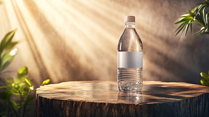 clear plastic water bottle stands on wooden surface, illuminated by soft rays of light, surrounded by green plants, creating refreshing and natural atmosphere