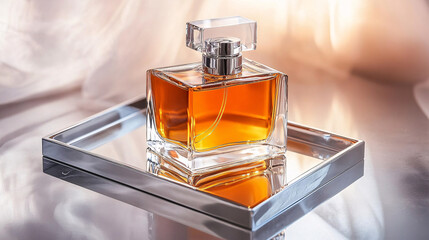 Elegant glass perfume bottle with square design, reflecting light beautifully on silver tray. warm amber liquid inside adds touch of luxury and sophistication