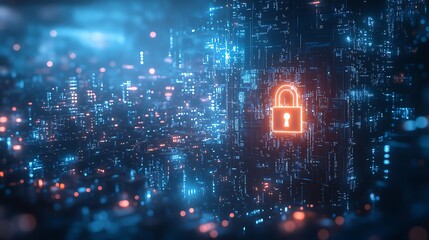 A digital lock symbolizing data privacy, floating over an abstract network of personal data protected by GDPR regulations, glowing encryption codes, secure firewalls in the background,