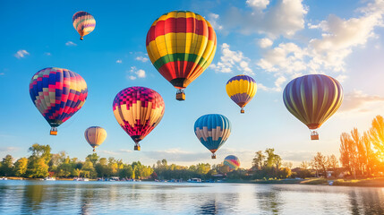 Diverse Colorful Hot Air Balloons Floating High Above a Crystal Clear Lake on a Sunny Day