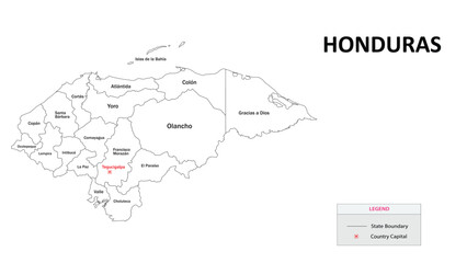  honduras Map. State and district map of honduras. Administrative map of honduras with states and boundaries in white color.