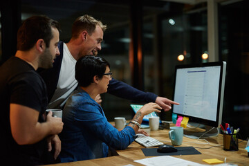 Business people, screen and collaboration at night for diversity, information technology and coding. Research, programming and computer for problem solving, software development and cybersecurity app