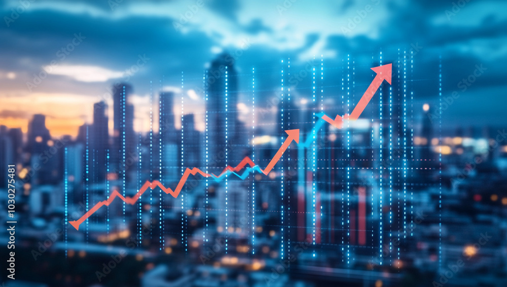 Stock market graph with red and blue arrows showing upward trends ...