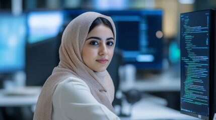 A young woman wearing a headscarf is focused on coding at her desk, surrounded by multiple screens displaying programming code in a contemporary office setting