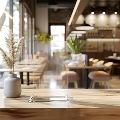 Wall Mural - Clear acrylic counter stand mockup restaurant wood architecture.