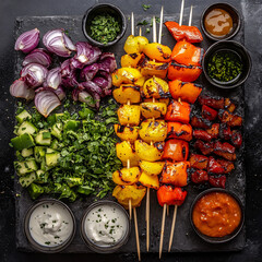 Grilled vegetable skewers with colorful peppers, onions, and sauces create vibrant and appetizing display. Perfect for summer barbecues and gatherings, this dish is both healthy and delicious