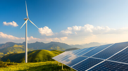 A hillside covered in solar panels and wind turbines representing green technology and renewable energy solutions to combat climate change, reduce energy consumption, and promote sustainability.