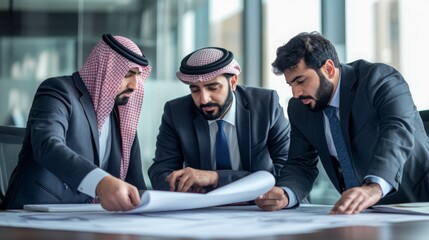Leinwandbilder - Three men in professional attire are gathered at a sleek conference table, carefully reviewing architectural plans. The setting is a modern office with large windows letting in natural light.