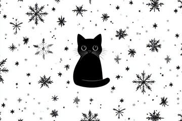 Black cat sitting amidst a pattern of snowflakes on a white background creating a whimsical and magical winter themed design for festive textiles or wallpapers