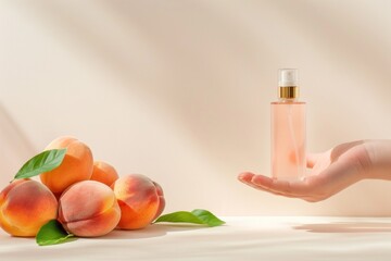 Hand holding peach-scented spray bottle beside fresh peaches with green leaves. Organic beauty products and natural skincare themes.