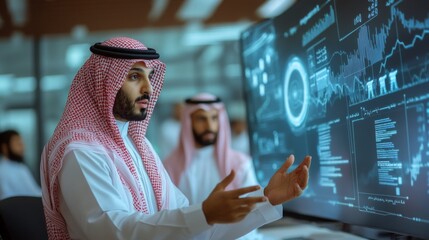 Poster - Two Saudi professionals are engaged in a discussion while analyzing complex data visualizations on large digital displays, reflecting a collaborative atmosphere in a contemporary office setting.