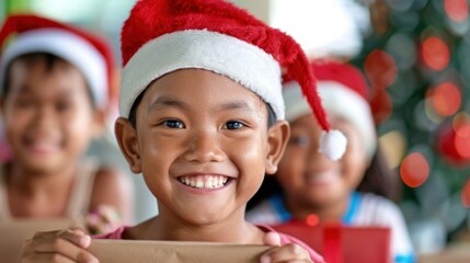 Joyful children wearing Santa hats and holding presents with a festive bokeh backdrop. Perfect for conveying holiday spirit, celebration, and childhood joy.