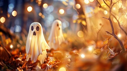 two white ghosts are standing in a field of autumn leaves, halloween theme