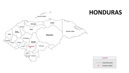  honduras Map. State and district map of honduras. Administrative map of honduras with states and boundaries in white color.