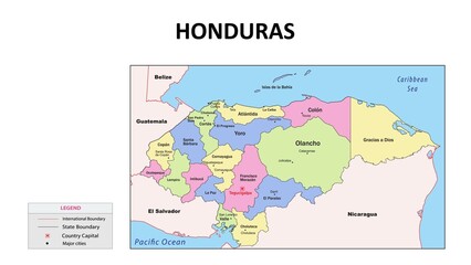 Wall Mural - honduras Map. State and union territories of honduras with neighbouring countries. Political map of honduras with capital and important cities in Detailed.