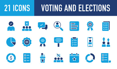 set of Voting and Elections icons. Voting and Elections web icon in line style. Candidate, Reject, Chat, Search, Voting Results, Politics, Pie Chart, High Quality Icon collection. Vector illustration.