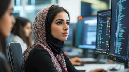 Leinwandbilder - A young woman wearing a hijab focuses intently on coding at her workstation, surrounded by colleagues in a contemporary office