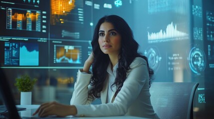 Poster - A focused woman sits at a desk in a contemporary office environment, analyzing digital data displayed on large screens while contemplating strategies to improve business performance.