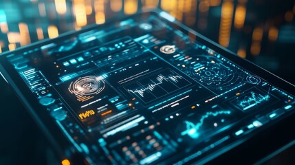 Aufkleber - A sleek tablet showcases vibrant data visualizations and metrics in a modern, technology-driven space, highlighting real-time analytics and connected interface elements for data interpretation.