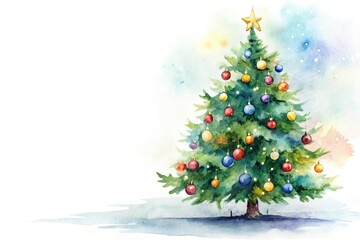 Low angle watercolor art of Christmas tree on white background