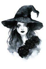 Sticker - Witch with Black roses art illustration watercolor.