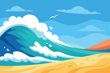 Wave of ocean on the sandy beach. Nature background. Modern design Summer vector illustration