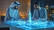 © Prostock-studio - Two men, one in traditional Middle Eastern attire and one in a business suit, are sitting at a desk in a dimly lit office