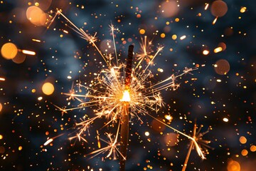 A sparkler lights up the dark night, creating a vibrant display of sparks and colors during a festive celebration. The atmosphere is filled with joy and excitement as people enjoy the moment