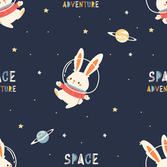 Wall Mural - Seamless vector pattern in children's style on the theme of space. Cute rabbit in spacesuit flying in space among stars and planets, space adventure caption. Vector illustration