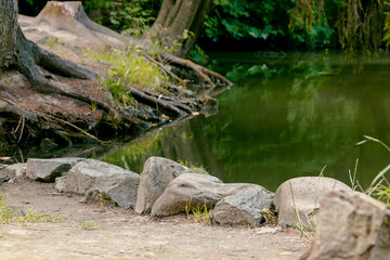 natural scene view of stone near water shore line landscape design garden place with blurred river a