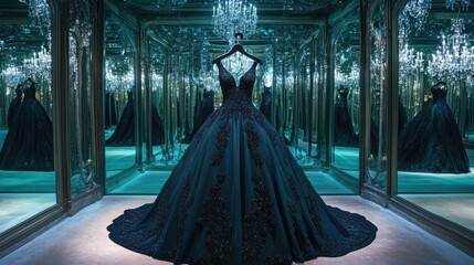 Elegant Black Gown in Glamorous Mirror Setting