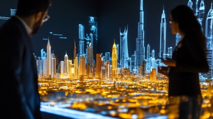 Aufkleber - Two business professionals study an illuminated digital model of a city during a technology conference in Dubai. The projection showcases various skyscrapers, highlighting innovative urban designs.