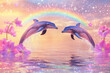 © hedigorko - Two dolphins leap gracefully against a vibrant sunset with colorful flowers and a rainbow backdrop
