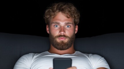 Curious man with beard viewing smartphone at night against dark background