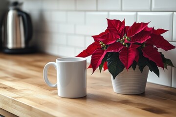 holiday home decor, minimalist christmas decor a small poinsettia and white mug on a wooden kitchen counter