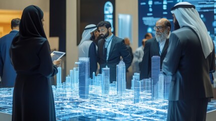 Aufkleber - A group of business professionals discuss a digital model of a city at a technology exhibition in Dubai