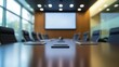 © chusnul - A modern conference room with a large screen and a polished table set for a meeting.