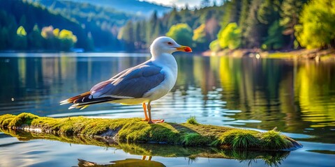 Poster - A serene seagull perched on a mossy log, its reflection shimmering in the tranquil lake waters surrounded by lush greenery