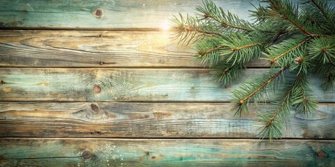 Canvas Print - A Rustic Wooden Plank Background with a Delicate Evergreen Branch Adorned with a Sunlit Glow